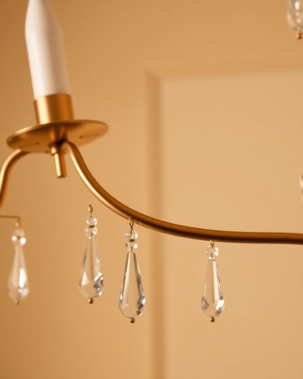 Detail of a crystal chandelier arm with champagne gold finish